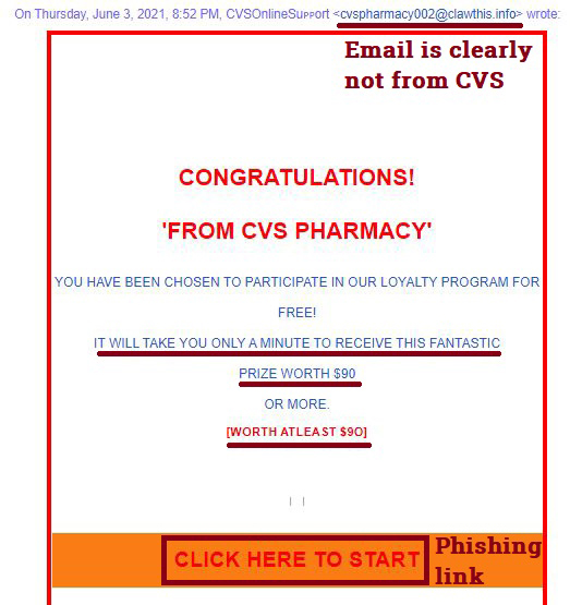scamadviser's tweet photo. ** CVS Pharmacy Phishing Scam **
This fake email claiming to be from CVS Pharmacy informs the recipient that they have received a prize worth 'at least $90'. This link leads to a fake page designed to steal personal information.
#CVSScam #Phishing #ScamAlert https://t.co/d6mwrjq70Q