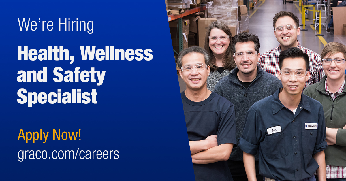 #TeamGraco is looking for a Health, Wellness and Safety Specialist to join our team in Minneapolis, MN. You will be tasked to lead and champion our Wellness Program and continuous safety improvement initiatives. Check out this exciting opportunity! ow.ly/b4HD50F3bga