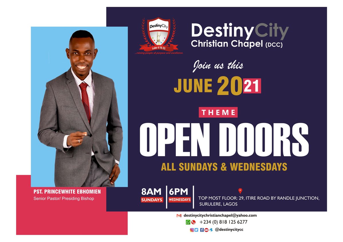 eprincewhite's tweet photo. Welcome to June, 2021: this is your season of OPEN DOORS.

We encourage you to join any of our services all Sundays and Wednesdays this month, and experience the unprecedented power of God in all ramifications of your life.

Topmost Floor, 29 Itire Road, Surulere, Lagos. https://t.co/wQqHcVDppx