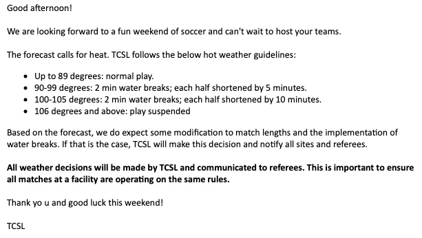 Minnesota Cup / TCSL hot weather protocols sent to teams.
We can't wait to host your teams this weekend! #MNCup
Link to Schedules/Standings: https://t.co/FmeEWC764Z https://t.co/j5XXDDPN7I