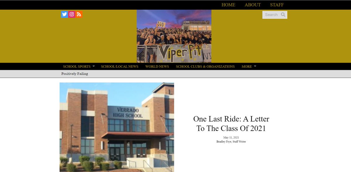 Congrats to Ms. Studts and our talented students behind the Viper Times. They earned the Story/Page excellence award from School Newspapers Online! #OneVerrado