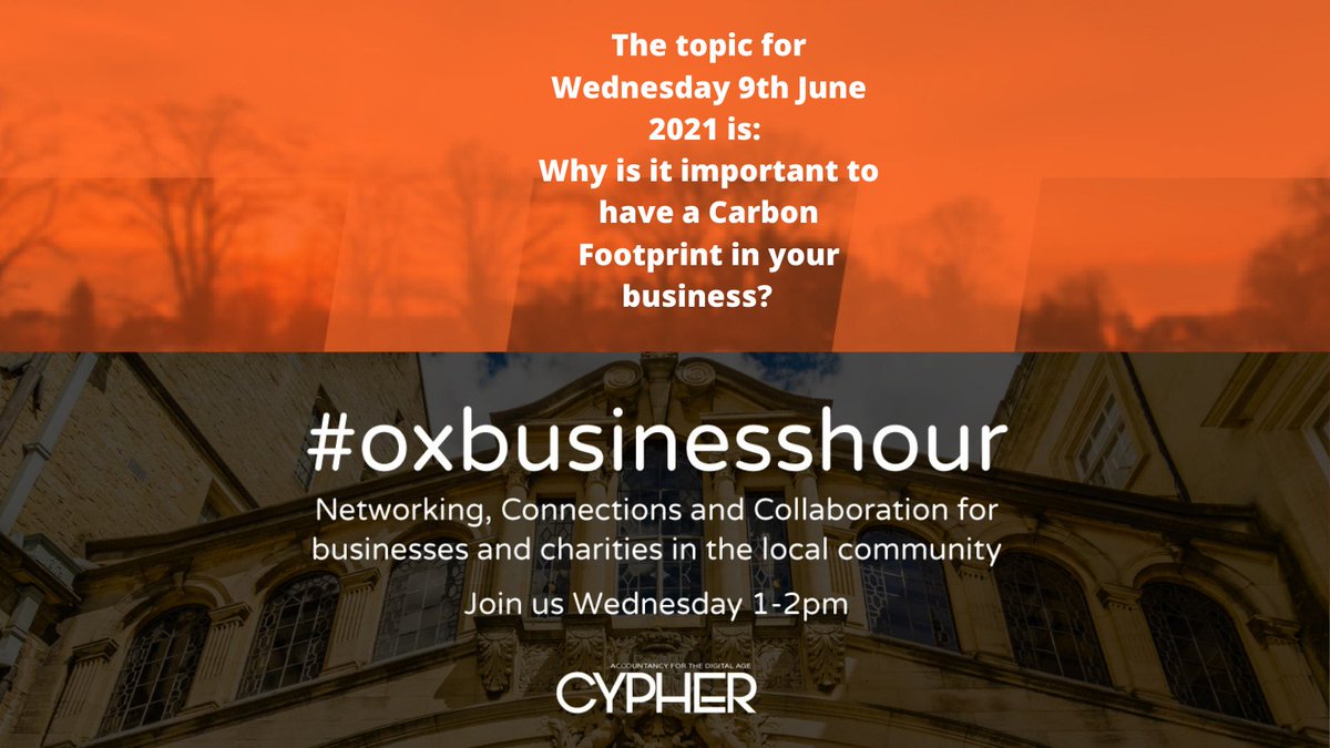 The topic for 9th June is - why is it important to have a carbon footprint in your business? @ViafutureOxford <a href="/PeterMc2411/">Peter McDonald</a> <a href="/FamilyJpriest/">JPriest&Family</a> <a href="/DbxUK/">Databasix</a> <a href="/cavershammktg/">James Bennett</a> <a href="/Oxford_Sci_Tech/">The Oxford Science & Technology Network</a> <a href="/LowCON/">Low Carbon Oxford North</a> <a href="/RFLogisticsltd/">Rapid Fire Supplies (Logistics Ltd)</a> <a href="/ESOxford/">Energy Superhub Oxford</a> <a href="/EnergySolOx/">Energy Solutions Oxfordshire</a> #OxBusinesshour