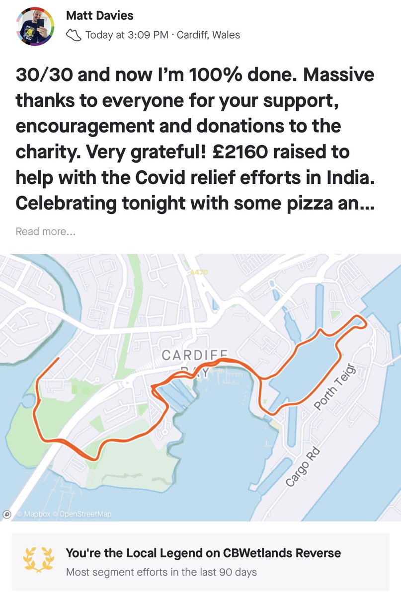 MattRunsWales's tweet photo. 30/30 and now I’m 100% done. Massive thanks to everyone for your support, encouragement and donations to the charity. Very grateful! £2160 raised to help with the Covid relief efforts in India. Celebrating tonight with some pizza and a wine or two. 🏃‍♂️🥳🍷🍕 https://t.co/HPkVgkaFDz