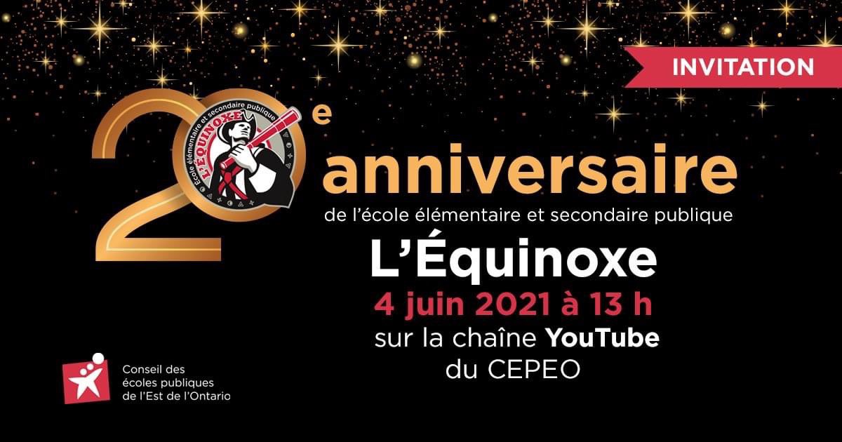 EESPEquinoxe's tweet photo. C'est aujourd'hui qu'a lieu le 20e anniversaire de @EESPEquinoxe! 🤩

Rendez-vous à 13 h sur YouTube pour vous joindre à la célébration : https://t.co/KSCtm51KoE https://t.co/sJLS7W3OVV