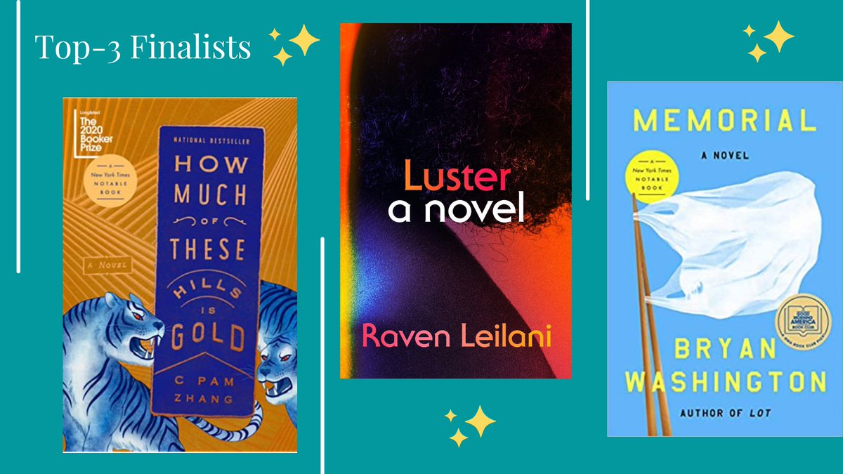ANNOUNCING THE 2021 VCU CABELL FIRST NOVELIST AWARD's 'TOP-3' FINALISTS:

~How Much of These Hills is Gold by @cpamzhang 
~Luster by <a href="/RavenLeilani/">Raven Leilani</a> 
~Memorial by Bryan Washington  

<a href="/VCUEnglish/">VCU English Dept.</a> <a href="/VCUCHS/">VCU College of Humanities and Sciences</a> <a href="/VCULibraries/">VCULibraries</a> <a href="/riverheadbooks/">Riverhead Books</a> <a href="/fsgbooks/">Farrar,Straus&Giroux</a>