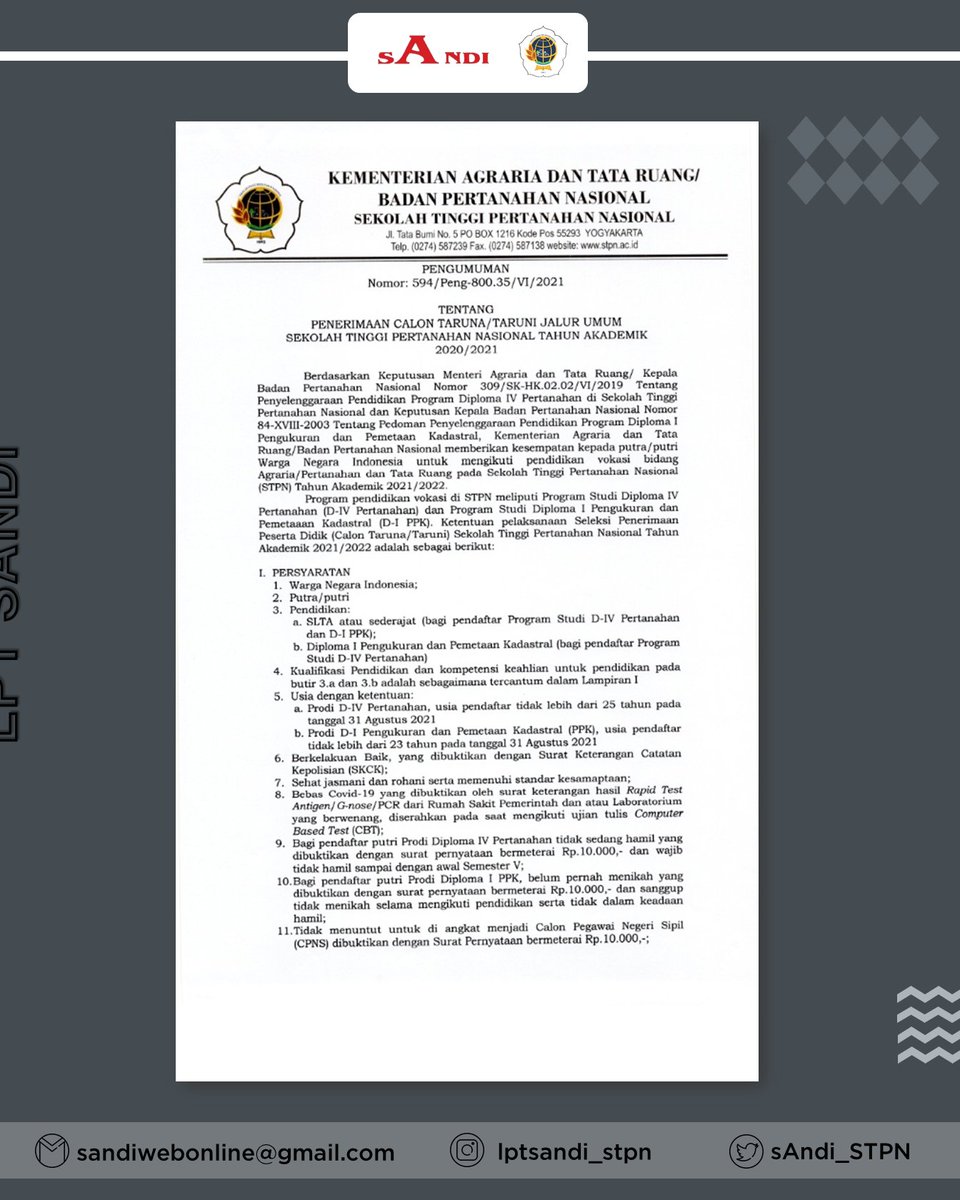 sAndi_STPN's tweet photo. [LPT SANDI 2021]

[BREAKING NEWS!!!🚨] 

Berdasarkan Pengumuman Nomor: 594/Peng-800.35/VI/2021 telah dibuka 
Pendaftaran Online🗂: 4 Juni – 2 Juli 2021
Tanggal Ujian 📝: 12 – 17 Juli 2021
Lokasi📍: Jl. Tata Bumi No. 5 (Sekolah Tinggi Pertanahan Nasional), Yogyakarta https://t.co/gd34nDnQ0z