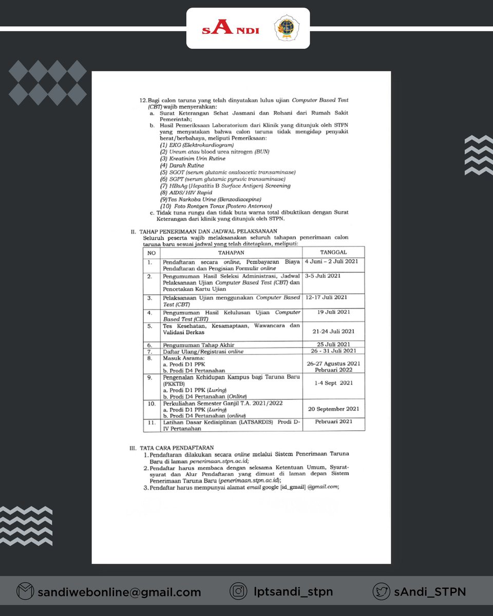 sAndi_STPN's tweet photo. [LPT SANDI 2021]

[BREAKING NEWS!!!🚨] 

Berdasarkan Pengumuman Nomor: 594/Peng-800.35/VI/2021 telah dibuka 
Pendaftaran Online🗂: 4 Juni – 2 Juli 2021
Tanggal Ujian 📝: 12 – 17 Juli 2021
Lokasi📍: Jl. Tata Bumi No. 5 (Sekolah Tinggi Pertanahan Nasional), Yogyakarta https://t.co/gd34nDnQ0z