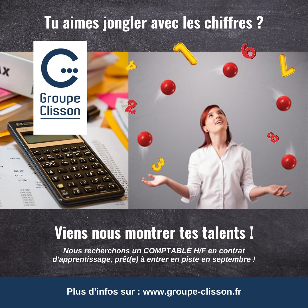 groupeclisson's tweet photo. Le Groupe Clisson recrute un Comptable H/F en contrat d'apprentissage par alternance, en BTS Comptabilité et Gestion ou équivalent pour la rentrée de septembre 2021.
Tous les détails de l'offre sur https://t.co/0MKA8w4ciF https://t.co/oS1CshXpIh