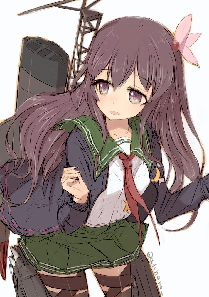 kisaragi (kancolle) 1girl solo long hair school uniform serafuku crescent pin skirt  illustration images