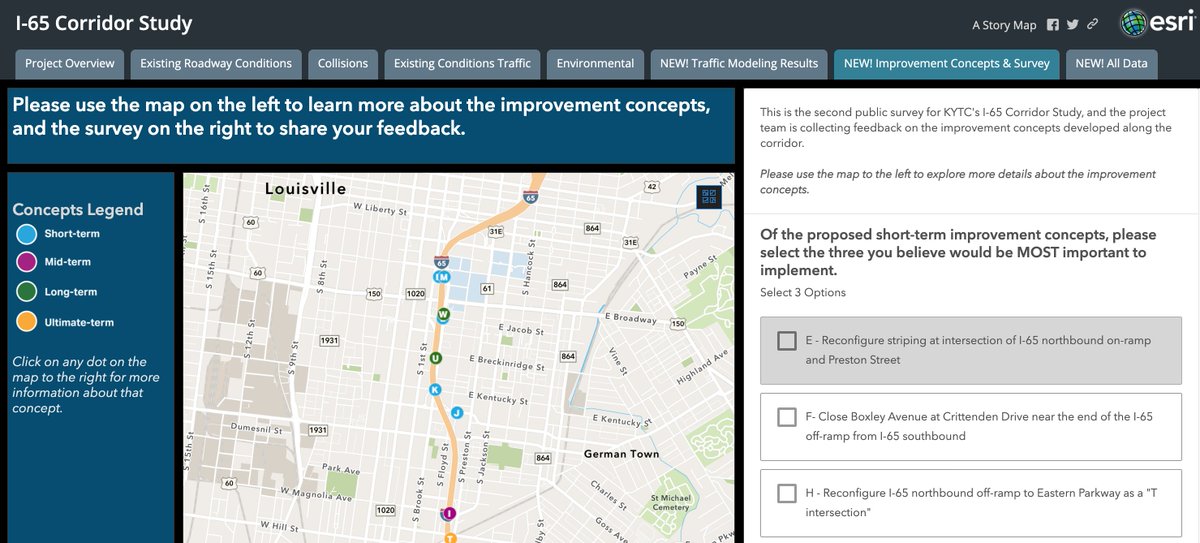 MichaelMobility's tweet image. Retweet this! 

In summary, vote today (last day!) on these $50 million I-65 expressway changes through historic Old Louisville. Click the "NEW! Improvement Concepts and Survey" tab to get to the survey: aecomky.maps.arcgis.com/apps/MapSeries…

Vote: 1) F, J, L - 2) M, N - 3) G, I, W - 4) P/Q, U