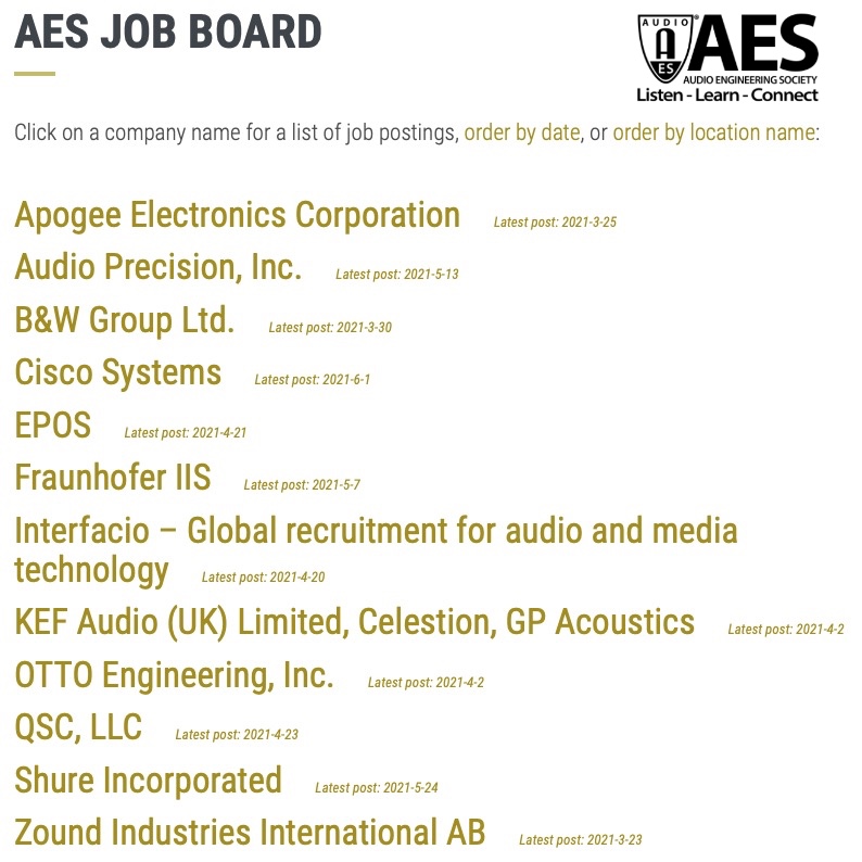 Feeling Inspired?
Check the AES Job Board for the latest career opportunities from AES Sustaining Member brands

Join Us!
#AESorg #proaudio #audioengineer #audioengineers #audioengineering #jobboard #audiocareers #audiocareer #careeropportunities #careeropportunities
