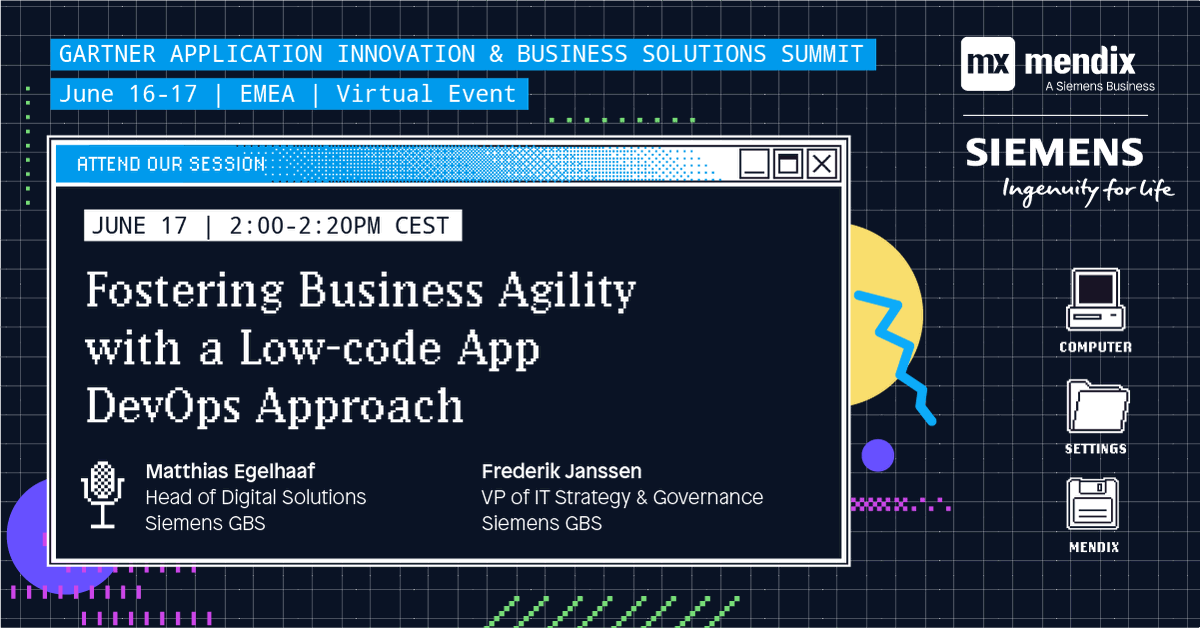 Mendix's tweet photo. Join our session at #GartnerAPPS on June 17 at 2 pm CEST to learn how @Siemens Global Business Services fostered business agility with a #LowCode app devOps approach: https://t.co/DeaZkljv9k. #ApplicationInnovation #SiemensPartners https://t.co/yavWRvN5W0