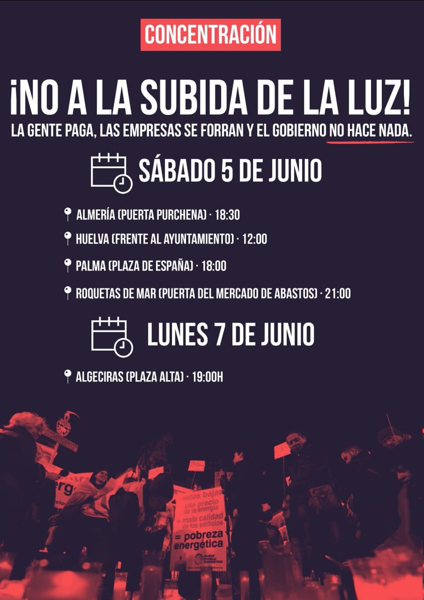 🔴🔴Actualizamos con más convocatorias que se van organizando por todo el Estado frente al #TarifazoElectrico.

#QuePaguenLosRicos
#NacionalizaciónDeLasEléctricas