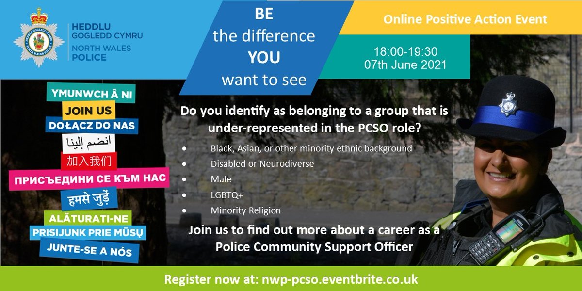 NWPYourCareer's tweet photo. BE the difference YOU want to see.  Click on the link below to book for our online #PostiveAction #PoliceCommunitySupportOfficer #PCSO event on 7th June #NWPJustLikeMe

https://t.co/VF3J1OSKR9 https://t.co/EmWdjOhmEu
