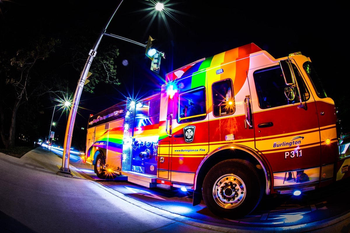 BurlingtonFire's tweet photo. Loving these night shots by @A_deben1 of the new @IAFF1552 #BurlFire graphic-wrapped truck in support of #Pride2021 and creating safe, inclusive spaces and workplaces for the LGBTQ+ community @cityburlington @BFDFireChief https://t.co/TQPFreSgKK