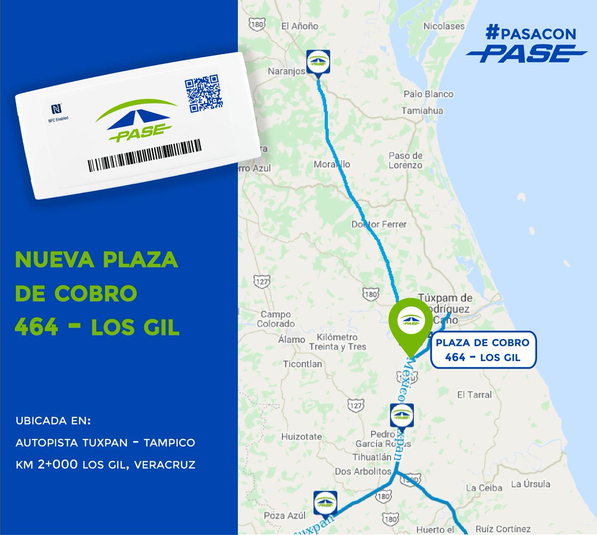 tagpasemx's tweet photo. Ahora ya puedes usar tu PASE en la nueva plaza de cobro "Los Gil" en Veracruz. 🚗 🇲🇽
Evita el efectivo; pasa fácil, rápido y seguro, #PasaConPASE https://t.co/Ob1hHsEBAu