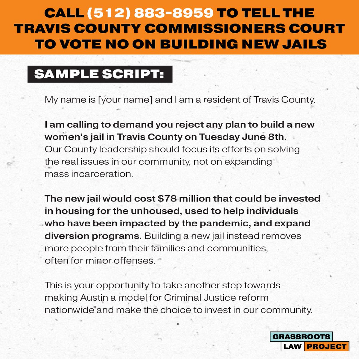 GrassrootsLawTX's tweet photo. Thread: Travis County! On Tuesday (6/8) your county commissioners will vote for or against building a new jail for women.

Call (512) 883-8959 now to be connected to county commissioners and their staff to tell them NO new jails in Travis Co.

Below is a sample script!
(1/2) https://t.co/tvZsItrKCZ