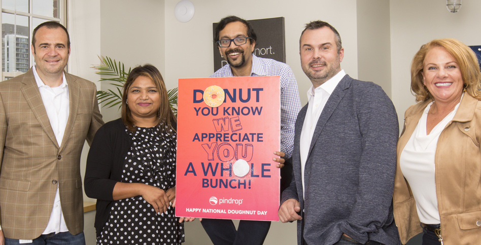 pindrop's tweet photo. Ending the week on a sweet note. Donuts for All! Happy #NationalDonutDay 🍩 Let's see those donut pictures.  #employeeappreciation #remotefirst #companyculture #topplacestowork https://t.co/N8GoEKQp49