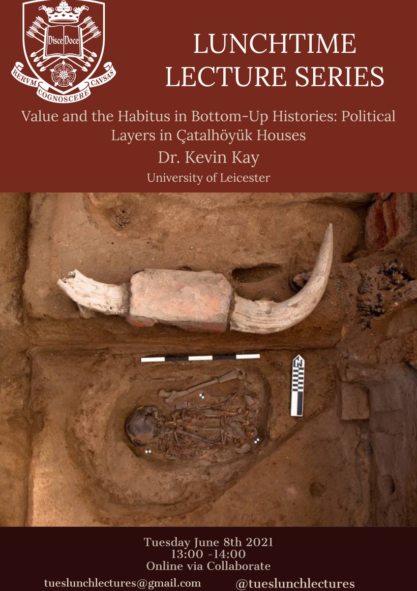 Take a lunch break and come and watch Dr. Kevin Kay from the University of Leicester talk about political layers in Çatalhöyük houses on June 8th 2021 from 13:00-14:00pm on Blackboard Collaborate (eu.bbcollab.com/guest/3ad79226…). We hope to ‘see’ you there! 
@UniShefArch @UniShefAH