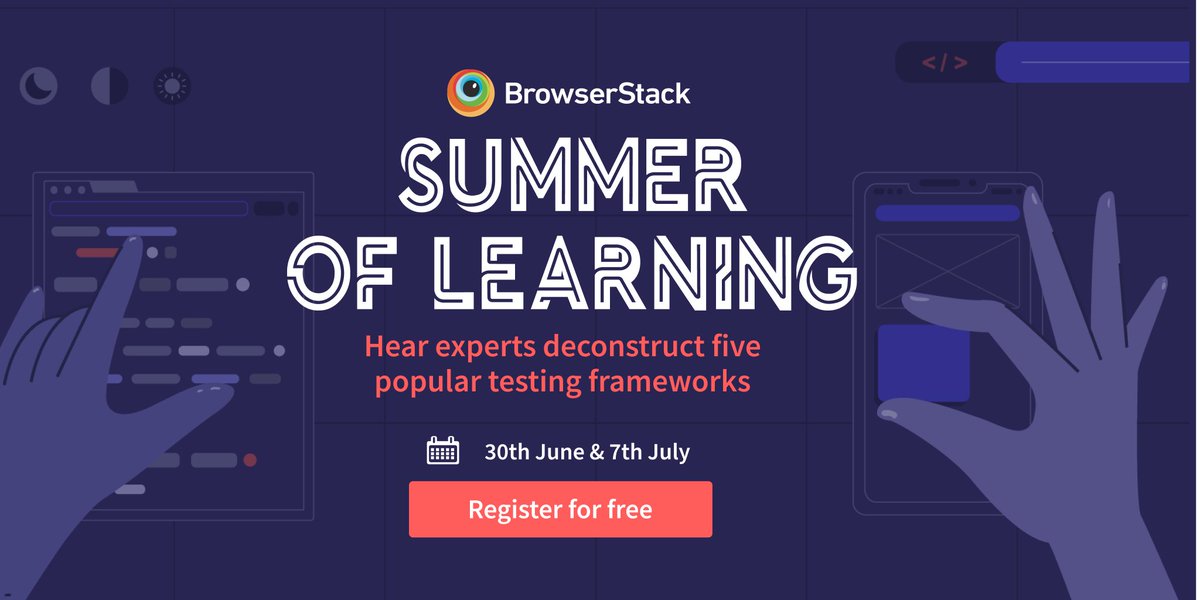 browserstack's tweet photo. How well-suited is each framework to meet the unique testing challenges of your team? 🤔

Make the right decision by listening to experts at #BrowserStackSummerOfLearning 2021. ✅

Register Now for Free 👉 https://t.co/qLTV5Vp7pl 👈 https://t.co/M3CBhjtiXH