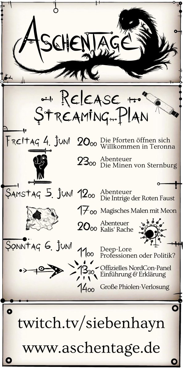 siebenhayn's tweet photo. Hier für euch unser Streamingplan für das @NordConHH  - Wochenende // HEUTE 20 UHR IST ASCHENTAGE RELEASE #pnp #dnd #nordcon #germantwitchsup #aschentage #release #rpg #gamedev https://t.co/PoQ9YXNfUf
