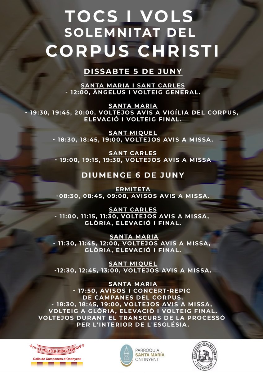 collacampaners's tweet photo. 🗣️ "De prop o de lluny, Corpus pel juny". 
I com ja ho tenim prop, aquest cap de setmana celebrem la festivitat del Corpus.

🔔 Us compartim tota la programació de tocs i vols que realitzarem als diferents campanars de la ciutat.

#patrimonisonor #campanes #Ontinyent #corpus https://t.co/qZR1nczWpw