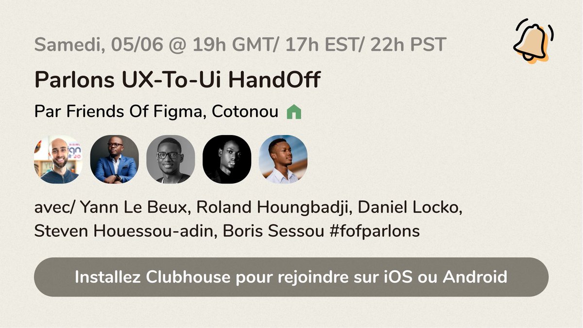 Hello les Figmates, on se retrouve encore ce Samedi pour un nouveau #fofparlons

w/ <a href="/YannLeBeux/">Yann Le Beux</a> @rolhoungbadji <a href="/nieldal/">daniel locko</a> <a href="/Sessou_Boris/">Freuxy</a> <a href="/mrstev3n/">Steven Aubray 🫵🏽</a> 

Prenez votre ticket ici
🎟 bit.ly/3uQGwjY

Et rejoignez nous sur Clubhouse.