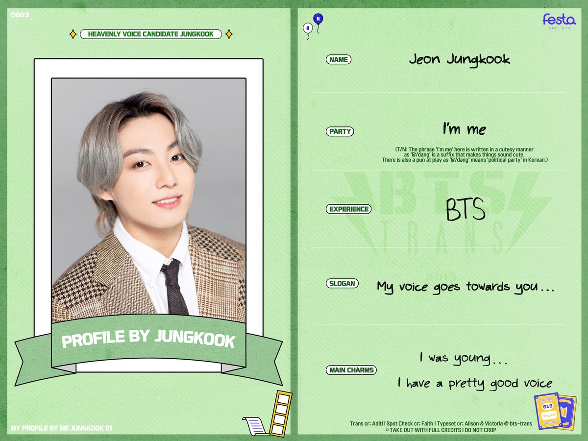 BTS_Trans's tweet photo. 🏆 Translation Pages 28-30 / 30 : Jungkook's Profile by Jungkook

Repost for updated credits.

Trans cr; Aditi &amp; Faith
Typeset cr; Alison, Faith, mame, Victoria &amp; XPXOXD @ bts-trans
© TAKE OUT WITH FULL CREDITS

🔗https://t.co/U6Wcu9l7uX https://t.co/YeGnc4Y6MI
