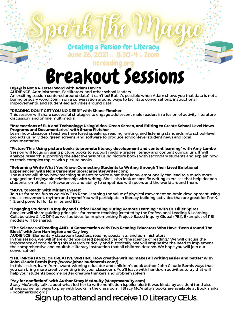 NCReadingAssoc's tweet photo. Click the picture to read some of the breakout sessions we will have at our Virtual Mini Conference. (PDF version at https://t.co/MlIGr8gUHA). Then go sign up at https://t.co/mN554lZ6bW!! https://t.co/PkCtrglijq