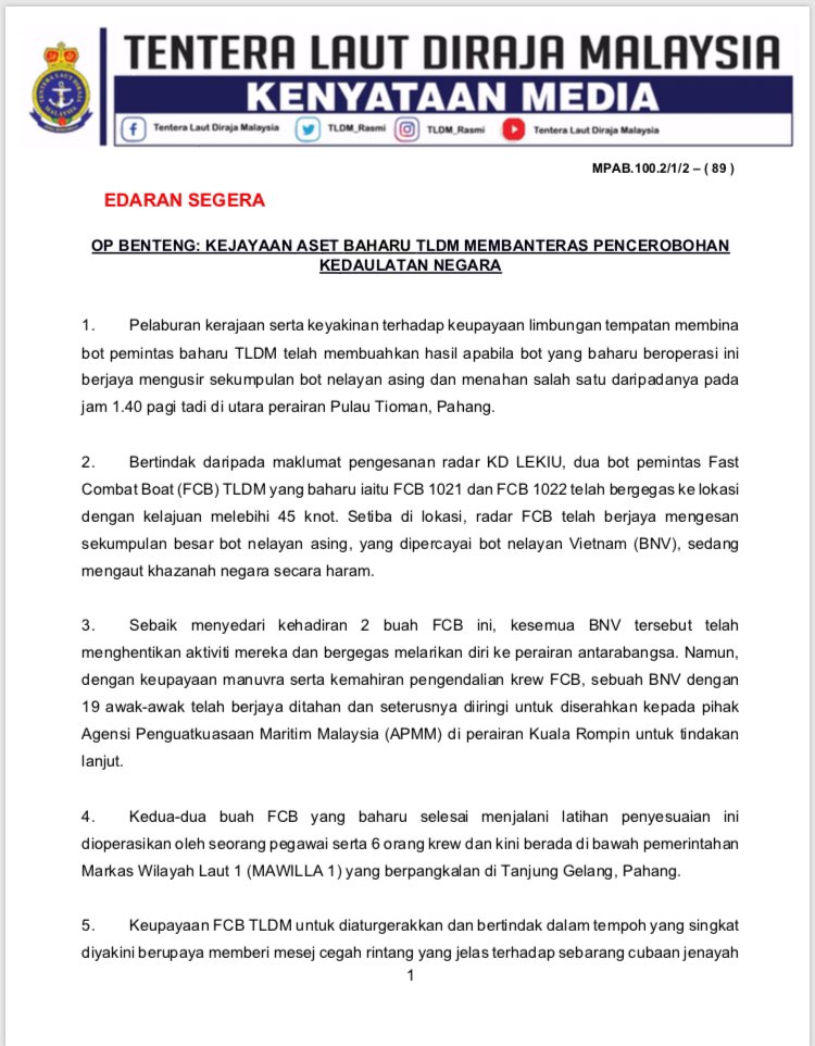 tldm_rasmi's tweet photo. Kenyataan Media TLDM, 4 Jun 21 : ”OP Benteng: Kejayaan Aset Baharu TLDM Membanteras Pencerobohan Kedaulatan Negara”

#NavyUpdate
#OpBenteng
#TLDMSiaga https://t.co/fnfCjL34sb