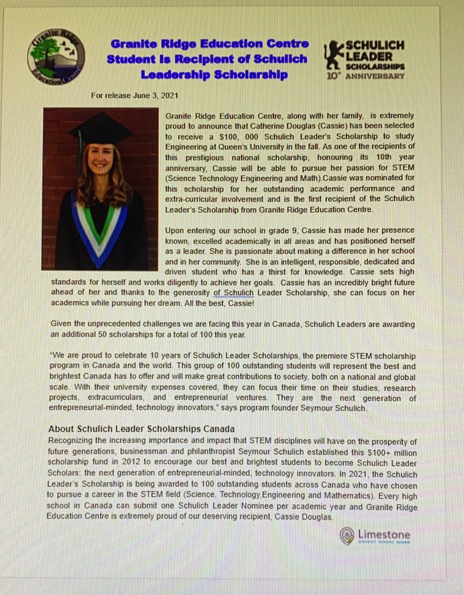 Staff at GREC are proud to announce that Catherine Douglas is the recipient of Schulich Leaders Scolarship. #2021SLSquad #LeadersGonnaLead #STEM #SLS10