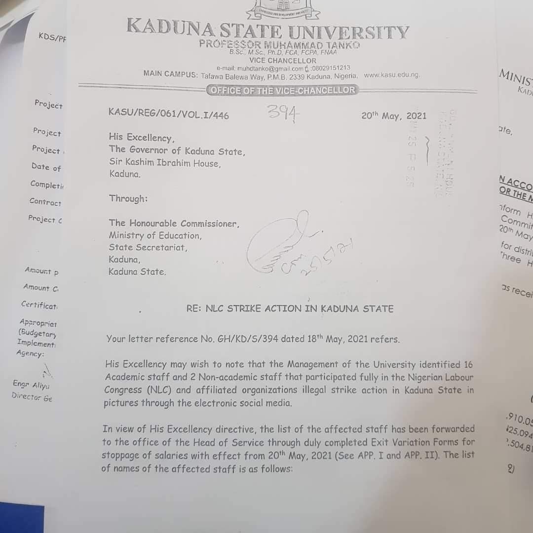 war_desk's tweet photo. BREAKING: El-rufai fires ASUU Chairman, 17 other lecturers for participating in the recent NLC strike action https://t.co/F5CuiQ5Mtv