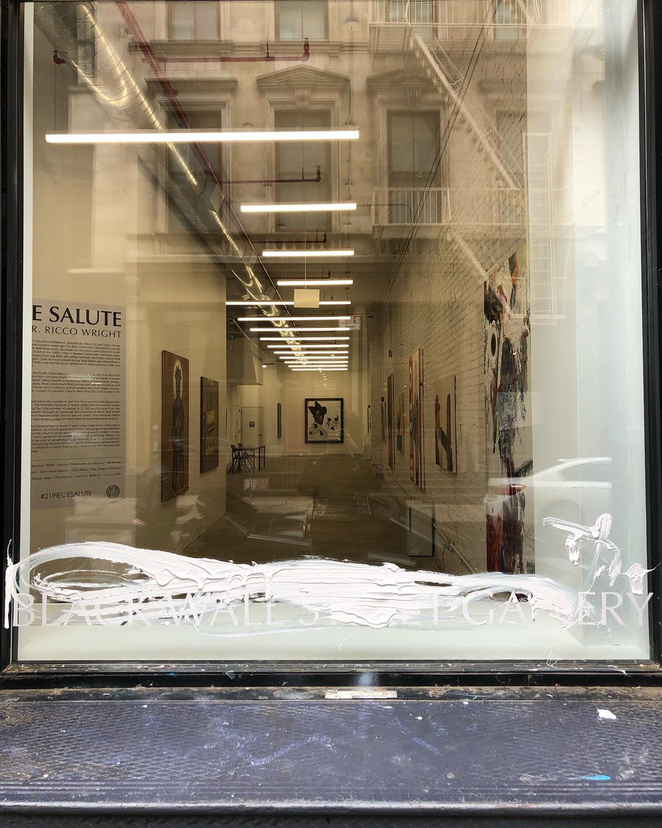 ajplus's tweet photo. An NYC gallery on the 1921 Tulsa race massacre that killed hundreds of Black people was vandalized 3 times in 1 week.

Police did not initially investigate it as a hate crime, say owners: "Smearing white paint on the word 'Black' is deliberate."

📷: Black Wall Street Gallery https://t.co/OSr7DM2OAz