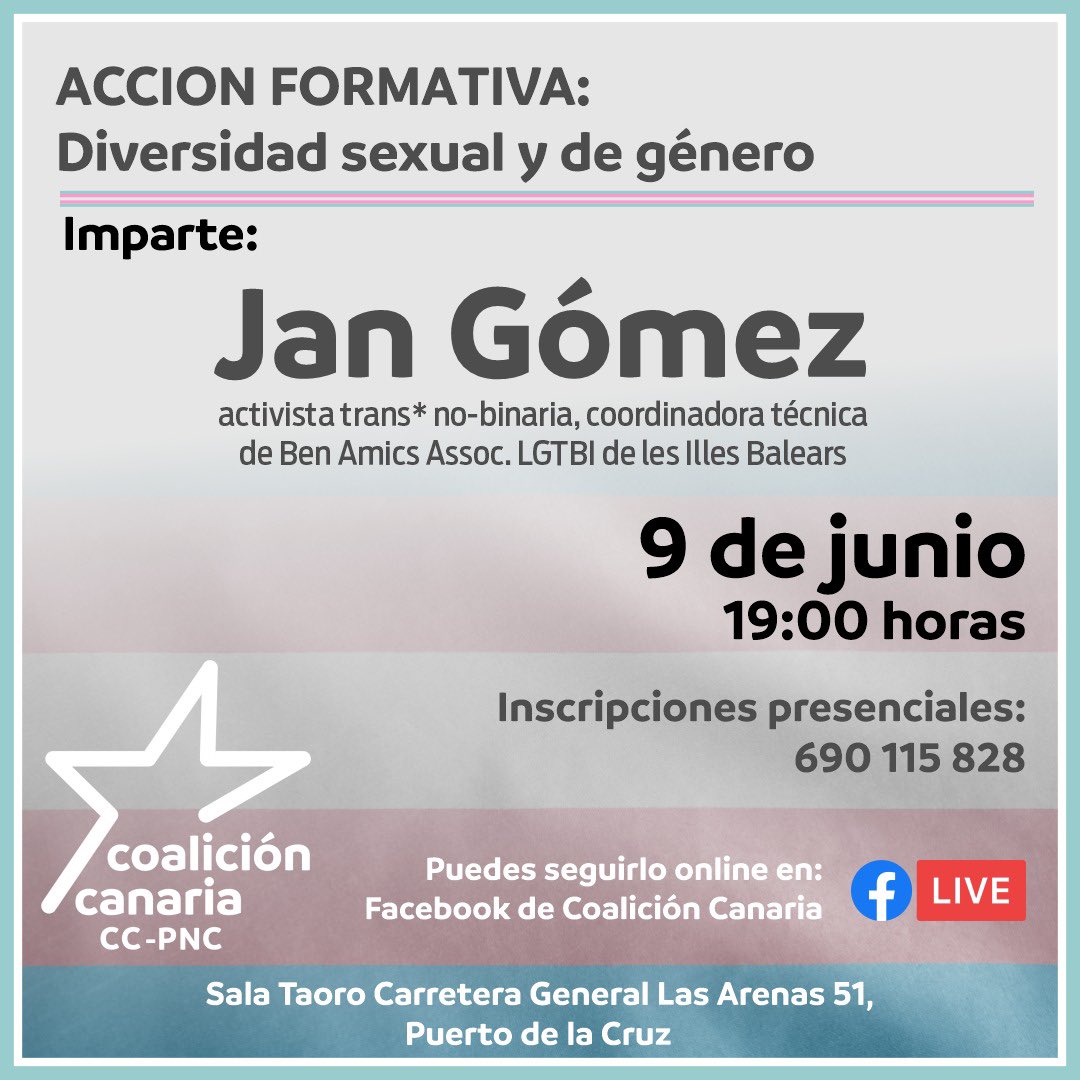 CCLGTB's tweet photo. 👉🏻 Miércoles 9 a las 19.00h
📝 Acción formativa: 🏳️‍🌈🏳️‍⚧️
      Diversidad sexual y de género 
💻 LIVE Facebook de Coalición Canaria  
📍 Puerto De la Cruz  690 115 828 📞 https://t.co/0lboOoRjOd