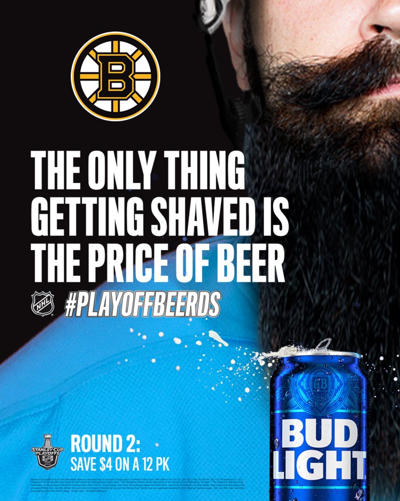 NHLBruins's tweet photo. As the #NHLBruins keep winning, the price of beer gets shaved! Get $4 back on your next @budlight purchase. Visit https://t.co/iakeLgJGJ7 for more info. #PlayoffBeerds https://t.co/ko0JisuVOa