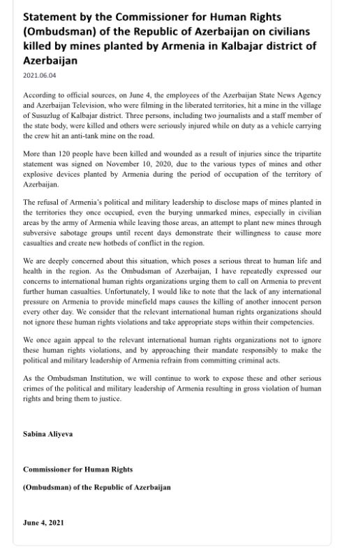Ombudsman of 🇦🇿issued a #Statement on civilians killed by mines planted by #Armenia in #Kalbajar district of #Azerbaijan.#FreeUsFromLandMines <a href="/mbachelet/">Michelle Bachelet</a> <a href="/Dunja_Mijatovic/">Dunja Mijatovic</a> <a href="/UN_HRC/">UN Human Rights Council</a> @PMaurerICRC <a href="/ICRC/">ICRC</a> 
<a href="/amnesty/">Amnesty International</a> <a href="/minefreeworld/">ICBL</a> <a href="/EU_Commission/">European Commission</a> <a href="/Reuters/">Reuters</a> <a href="/guardian/">The Guardian</a> <a href="/Europarl_EN/">European Parliament</a> <a href="/osce_odihr/">OSCE/ODIHR</a>