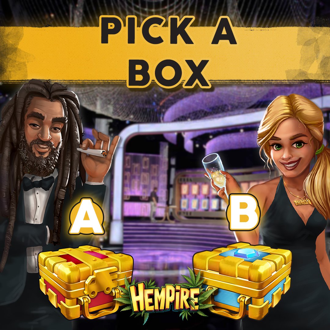 Hempiregame's tweet photo. What's in the box? Why, DIAMONDS of course!
We're giving away 420 diamonds to ONE lucky winner ππ€π
Tell us your answer in the comments! π
Box A or B... which one will you choose? π€π€π€
#hempiregame #hempire #contest #pickacase https://t.co/SKlKKvyzdD