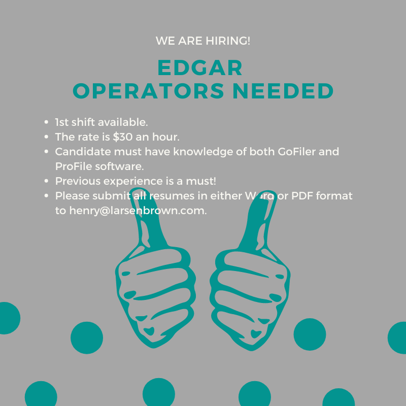 Larsen_Brown's tweet photo. EDGAR Operators wanted. Weekends or weekdays. You call the shots! Previous experience is required. Please submit resumes to henry@larsenbrown.com #NYCjobs #GoFiler #ProfileHTML #EDGAR #LarsenBrown https://t.co/wZHgYNOe3Z