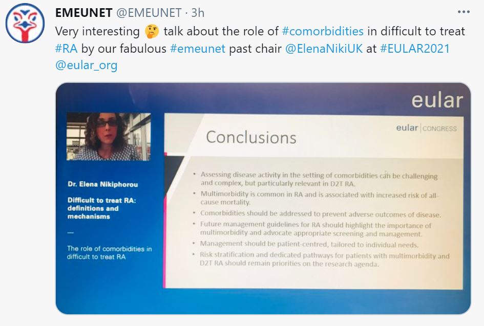 EMEUNET's tweet photo. That was the third day at #eular2021 🤓!!! We collecteed some of its highlights on social media for you! 🤩
#EULAR #EMEUNET #rheumatology https://t.co/VZAeD8TM5u