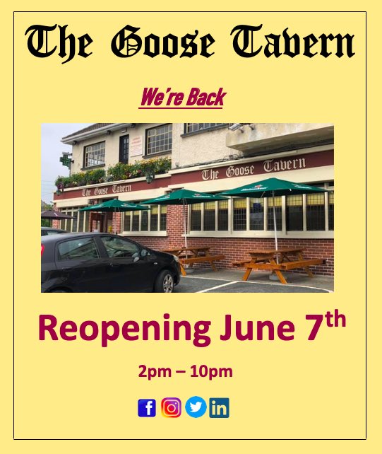 Goose_Tavern's tweet photo. Reopening Monday June 7th for outdoor seating &amp; takeaway pints! 🍻 First come first served for tables. Open Mon-Sun 2pm to 10pm 😁 We can’t wait to welcome you all back ❤️ #reopening #dublin #goosetavern #drumcondra #marino #whitehall https://t.co/7aR7VTFi9h