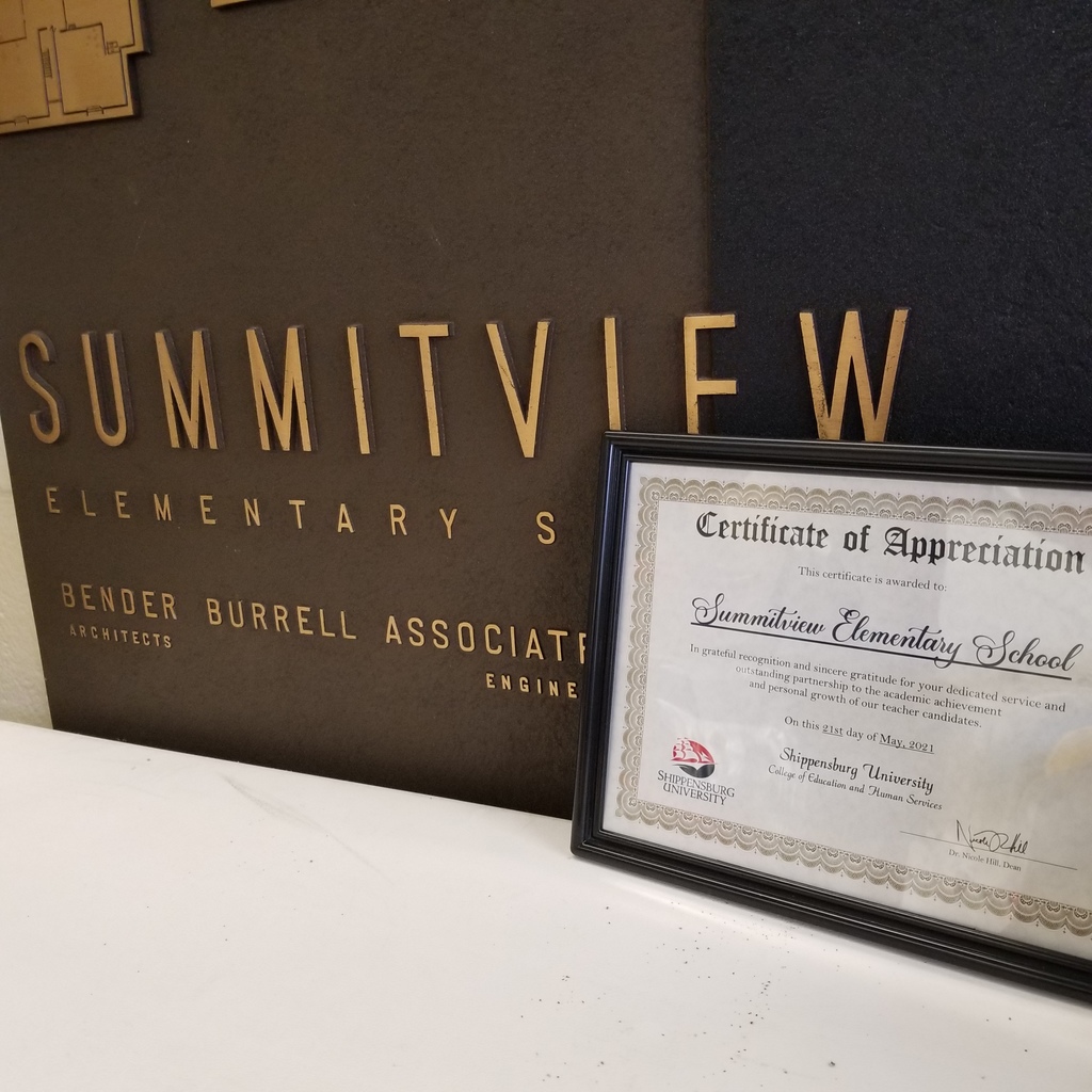 We recently received a certificate of appreciation from Shippensburg University for hosting their Education students this year. It is a pleasure to have them as student observers and student teachers each year - we will display this certificate proudly!