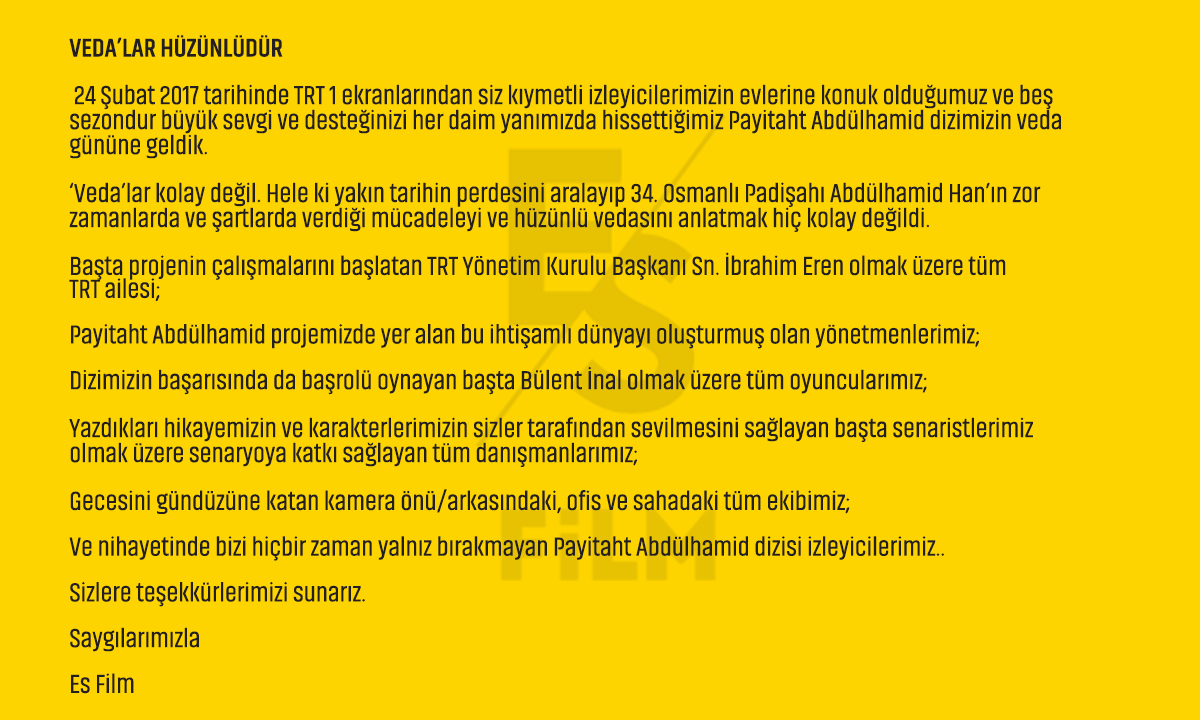 #PayitahtAbdülhamid dizimizin veda gününe geldik. Bizler için çok büyük anlamı olan bugünde; 5 sezonluk yolculuğumuzda desteğini ve emeğini hissettiğimiz herkese teşekkür ediyoruz. #PayitahtVeda

Yeni yapımlarımızda buluşmak dileğiyle...
#EsFilm