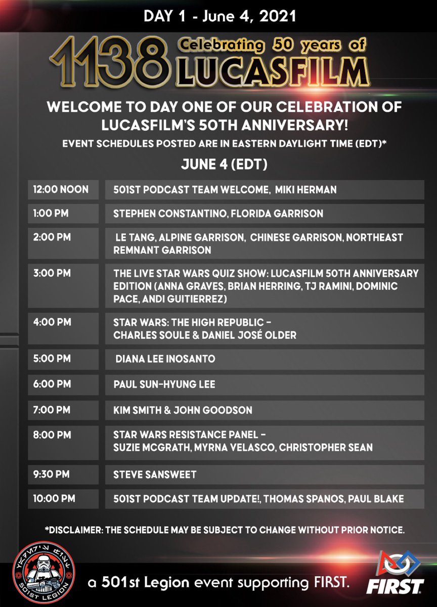 It’s time to celebrate 50 years of Lucasfilm! Tune in all weekend to hear from our amazing guests! Here is today’s lineup. We are raising money all weekend for FIRST robotics, please donate today! bit.ly/501stCelebrates
#501st #StarWars #501stCelebrates #LFL50 #FIRST #501stCares