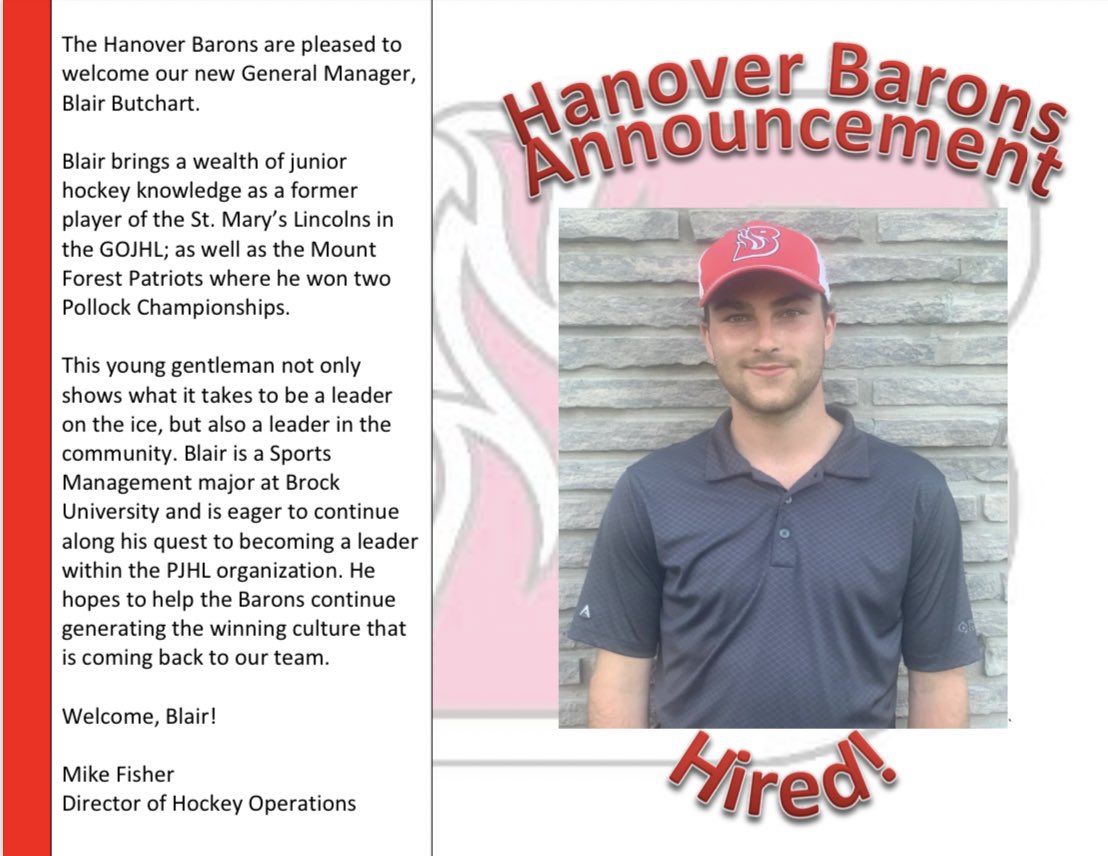 HanoverBarons's tweet photo. 🚨 NEW HIRING 🚨

The @HanoverBarons are pleased to welcome our new General Manager, Blair Butchart. Blair is a former player for @stmlincolns, @MFPatriotsPJHL along with 2 Championships 🏆. Welcome to the Barons Family!!!! https://t.co/pvNLyTD52B