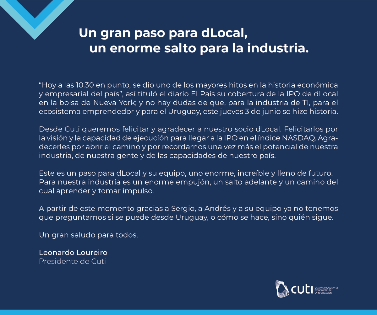 CutiUy's tweet photo. "Un gran paso para @dLocalPayments, un enorme salto para la industria." 

✉ Compartimos esta carta abierta de nuestro Presidente @ljloureiro. https://t.co/UYPCC4YBwB