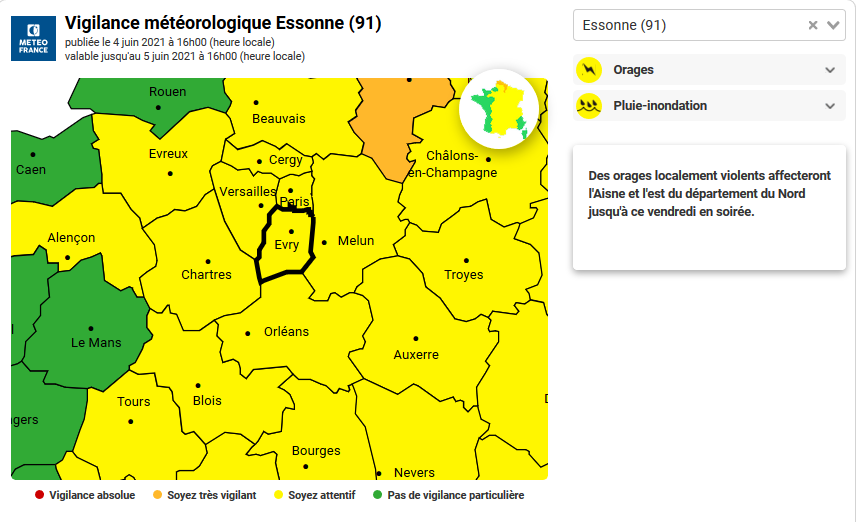 #vigilancejaune | 📢 L'#Essonne est placée en vigilance jaune pour orages et pluie/inondations à compter de ce vendredi #meteo91

Soyez attentifs à l'évolution de la situation et tenez-vous informés, ne prenez pas de risques inutiles.

👉 vigilance.meteofrance.fr/fr/essonne