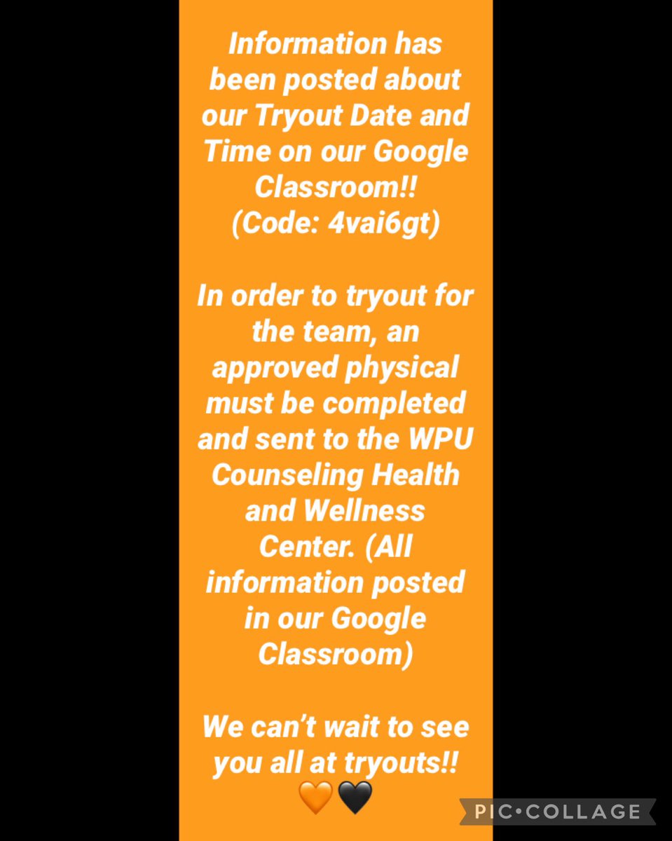 Tryouts are approaching! If you have not done so already, please join our Google Classroom. As well, fill out the tryout form and read when tryouts are and information of our physical process. We are so excited for tryouts this year!🧡🖤 #willpower #gopioneers #wpucheer