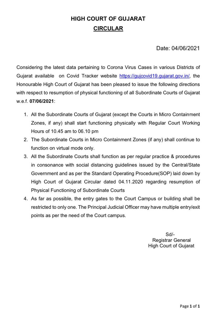 LiveLawIndia's tweet photo. #GujaratHighCourt issues direction with respect to resumption of #PhysicalFunctioning of all Subordinate Courts of Gujarat wef June 7, 2021 https://t.co/L2JzllCZf1