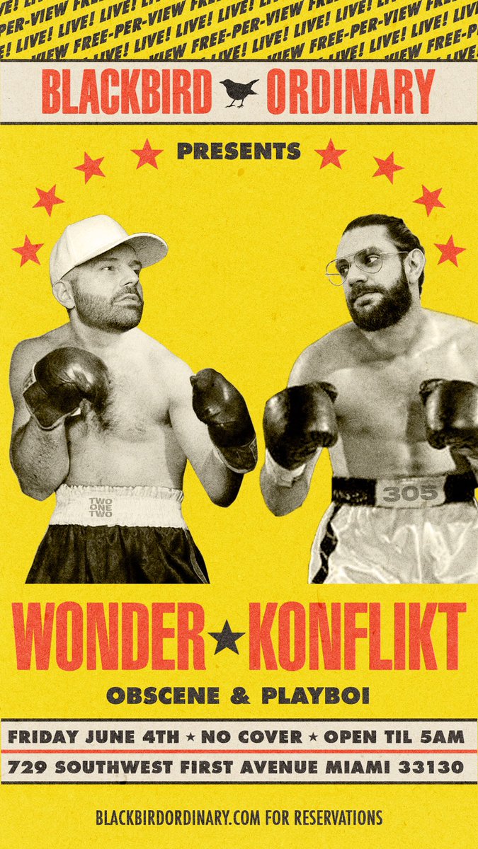 DJ Wonder™ (@djwonder) on Twitter photo 🥊 Started As A Joke - <a href="/BlackbirdO/">Blackbird Ordinary</a> Really Made It Happen!! 🥊 TONIGHT!! Me + DJ Konflikt <a href="/MyFavoriteDJ/">DJ Konflikt</a> Doing Back To Back Sets All Night, Competing For The Heavyweight Title Of Djing. 🥊 Back Room - 11PM E.S.T. 🥊 Get There Early… 🥊 🥊 Started As A Joke - <a href="/BlackbirdO/">Blackbird Ordinary</a> Really Made It Happen!! 🥊 TONIGHT!! Me + DJ Konflikt <a href="/MyFavoriteDJ/">DJ Konflikt</a> Doing Back To Back Sets All Night, Competing For The Heavyweight Title Of Djing. 🥊 Back Room - 11PM E.S.T. 🥊 Get There Early… 🥊