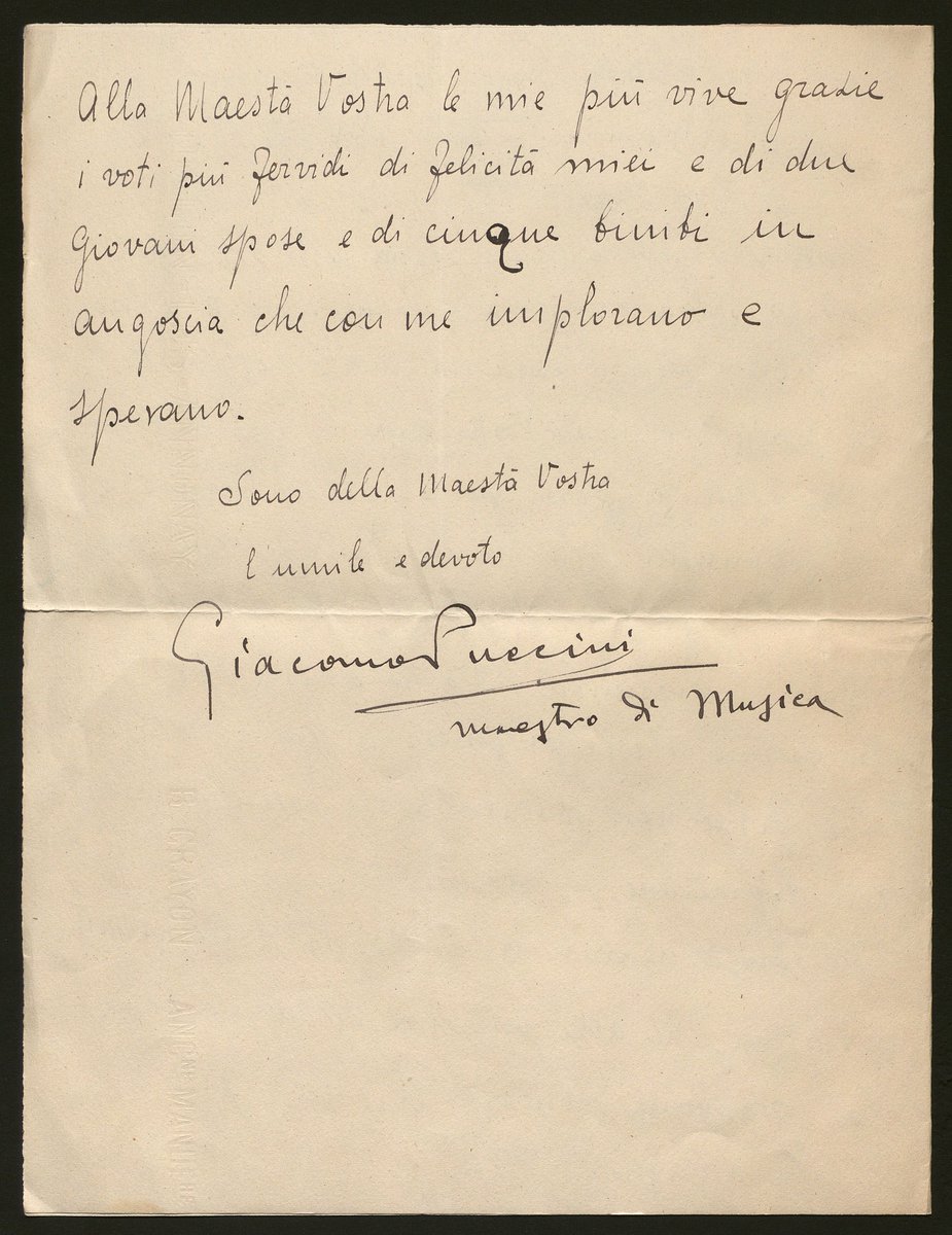 PatrimNacional's tweet photo. En nuestro micrositio podéis ver una muestra de esa documentación. Descubriréis que la mayoría de los casos comienza con una carta, como esta de Giacomo Puccini solicitando ayuda para localizar a un sobrino, perdido en la Gran Guerra.

"Cartas al Rey" → https://t.co/qkZ0TNaZfv https://t.co/jqzcq4Guoi